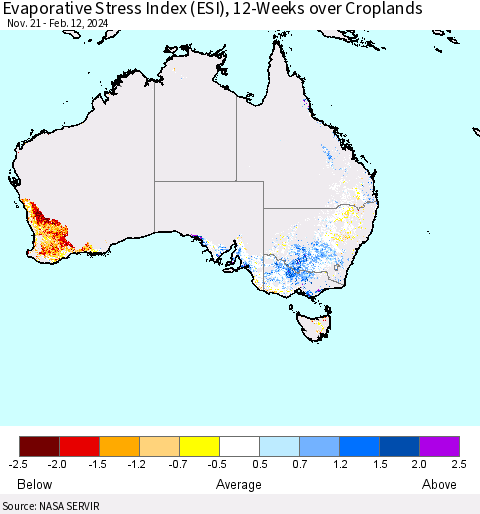 Australia Evaporative Stress Index (ESI), 12-Weeks over Croplands Thematic Map For 2/12/2024 - 2/18/2024