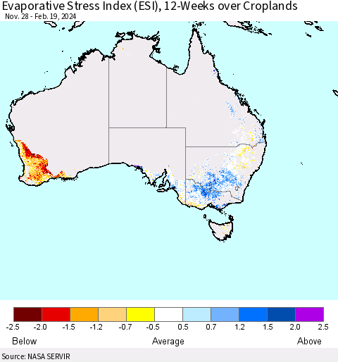 Australia Evaporative Stress Index (ESI), 12-Weeks over Croplands Thematic Map For 2/19/2024 - 2/25/2024
