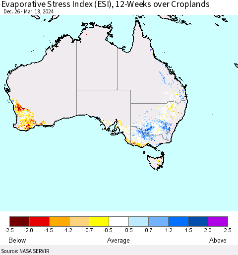 Australia Evaporative Stress Index (ESI), 12-Weeks over Croplands Thematic Map For 3/18/2024 - 3/24/2024