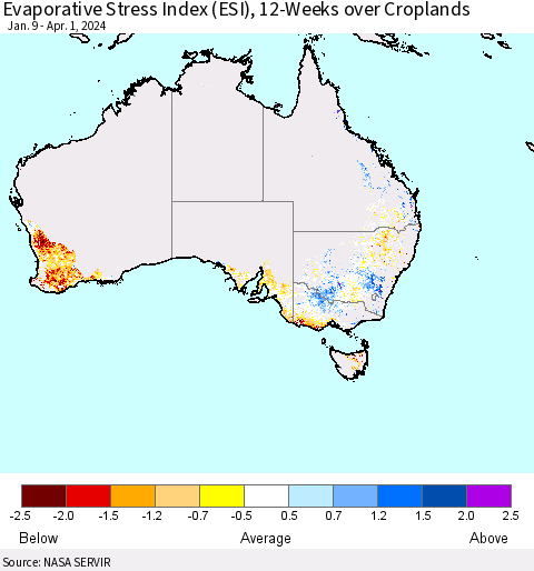 Australia Evaporative Stress Index (ESI), 12-Weeks over Croplands Thematic Map For 4/1/2024 - 4/7/2024