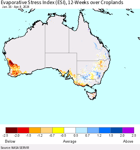Australia Evaporative Stress Index (ESI), 12-Weeks over Croplands Thematic Map For 4/8/2024 - 4/14/2024
