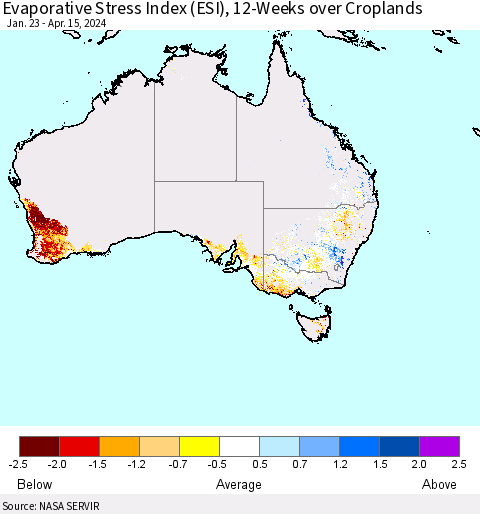 Australia Evaporative Stress Index (ESI), 12-Weeks over Croplands Thematic Map For 4/15/2024 - 4/21/2024