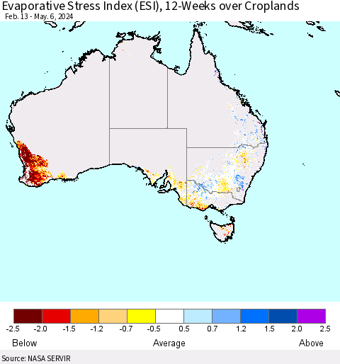 Australia Evaporative Stress Index (ESI), 12-Weeks over Croplands Thematic Map For 5/6/2024 - 5/12/2024