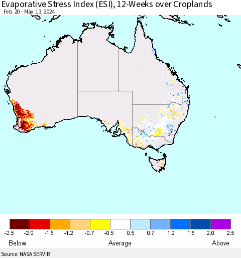 Australia Evaporative Stress Index (ESI), 12-Weeks over Croplands Thematic Map For 5/13/2024 - 5/19/2024