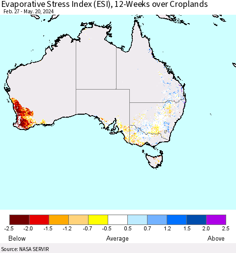 Australia Evaporative Stress Index (ESI), 12-Weeks over Croplands Thematic Map For 5/20/2024 - 5/26/2024