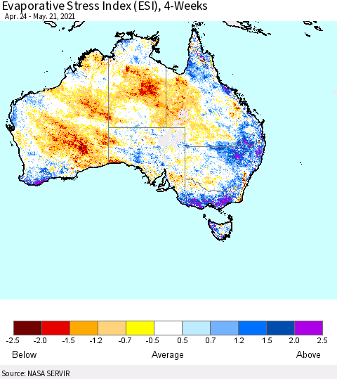 Australia Evaporative Stress Index (ESI), 4-Weeks Thematic Map For 5/17/2021 - 5/23/2021