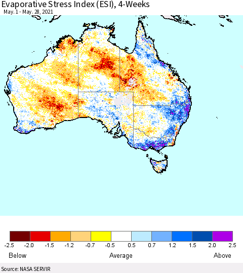 Australia Evaporative Stress Index (ESI), 4-Weeks Thematic Map For 5/24/2021 - 5/30/2021