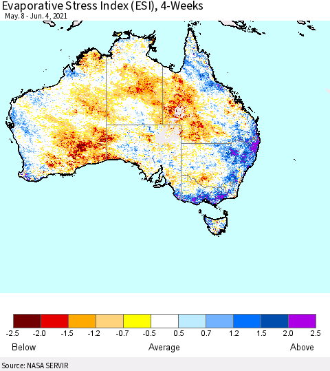 Australia Evaporative Stress Index (ESI), 4-Weeks Thematic Map For 5/31/2021 - 6/6/2021