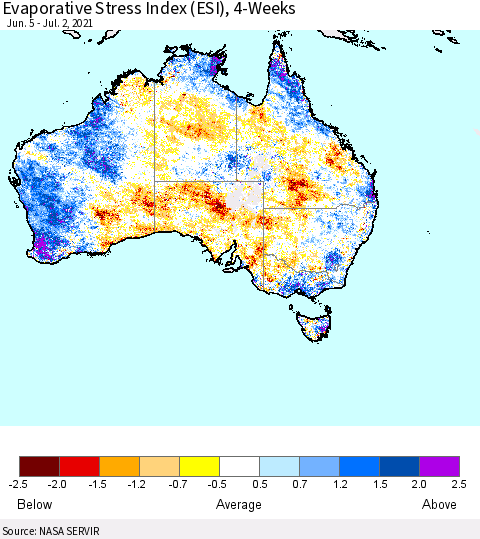 Australia Evaporative Stress Index (ESI), 4-Weeks Thematic Map For 6/28/2021 - 7/4/2021