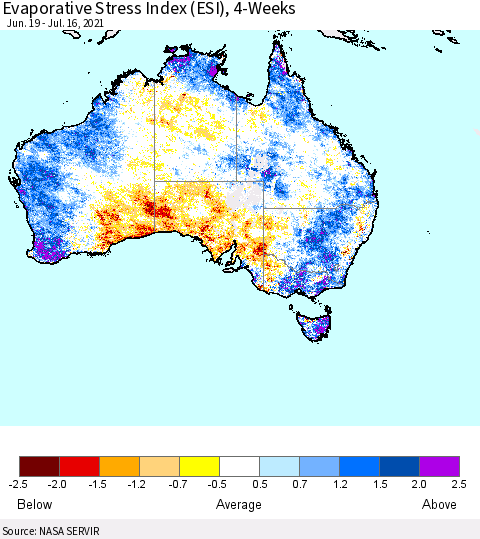 Australia Evaporative Stress Index (ESI), 4-Weeks Thematic Map For 7/12/2021 - 7/18/2021