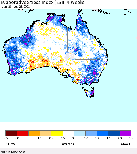 Australia Evaporative Stress Index (ESI), 4-Weeks Thematic Map For 7/19/2021 - 7/25/2021