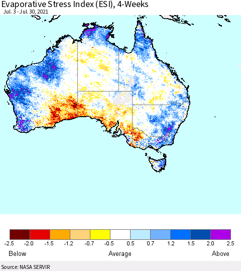 Australia Evaporative Stress Index (ESI), 4-Weeks Thematic Map For 7/26/2021 - 8/1/2021