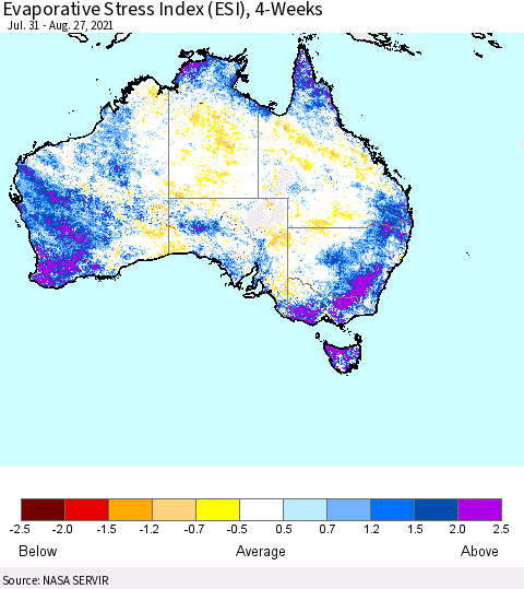 Australia Evaporative Stress Index (ESI), 4-Weeks Thematic Map For 8/23/2021 - 8/29/2021