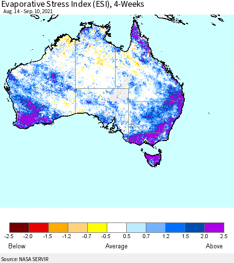 Australia Evaporative Stress Index (ESI), 4-Weeks Thematic Map For 9/6/2021 - 9/12/2021