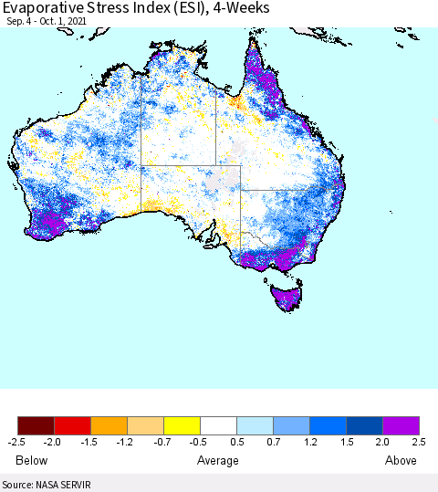 Australia Evaporative Stress Index (ESI), 4-Weeks Thematic Map For 9/27/2021 - 10/3/2021