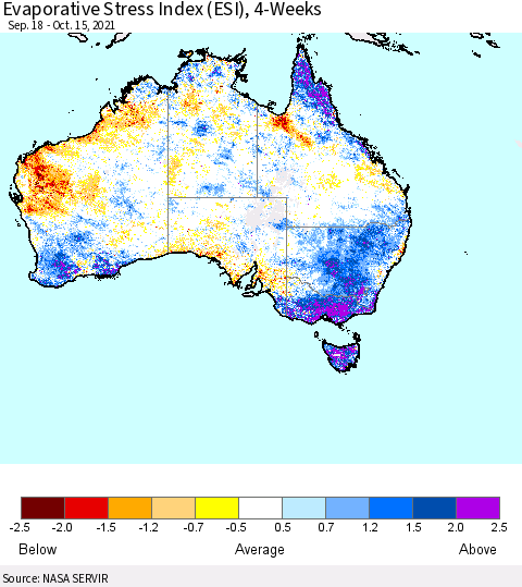 Australia Evaporative Stress Index (ESI), 4-Weeks Thematic Map For 10/11/2021 - 10/17/2021