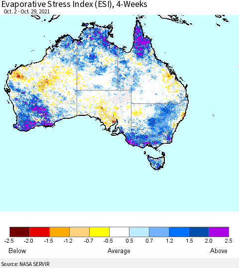 Australia Evaporative Stress Index (ESI), 4-Weeks Thematic Map For 10/25/2021 - 10/31/2021