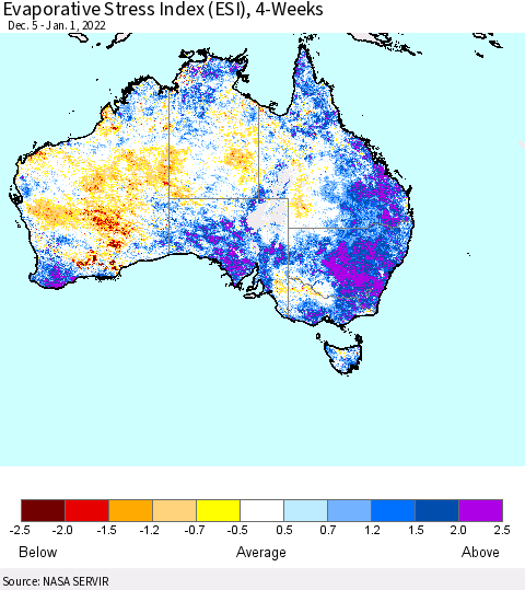 Australia Evaporative Stress Index (ESI), 4-Weeks Thematic Map For 12/27/2021 - 1/2/2022