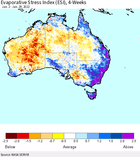 Australia Evaporative Stress Index (ESI), 4-Weeks Thematic Map For 1/24/2022 - 1/30/2022