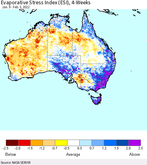 Australia Evaporative Stress Index (ESI), 4-Weeks Thematic Map For 1/31/2022 - 2/6/2022