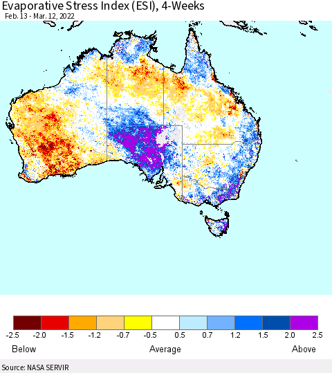 Australia Evaporative Stress Index (ESI), 4-Weeks Thematic Map For 3/7/2022 - 3/13/2022