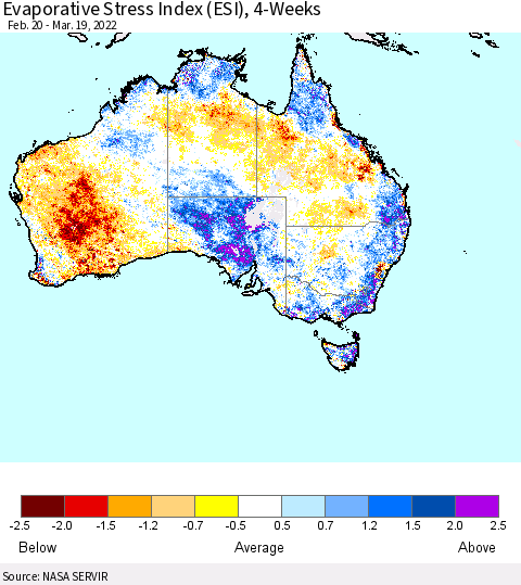 Australia Evaporative Stress Index (ESI), 4-Weeks Thematic Map For 3/14/2022 - 3/20/2022
