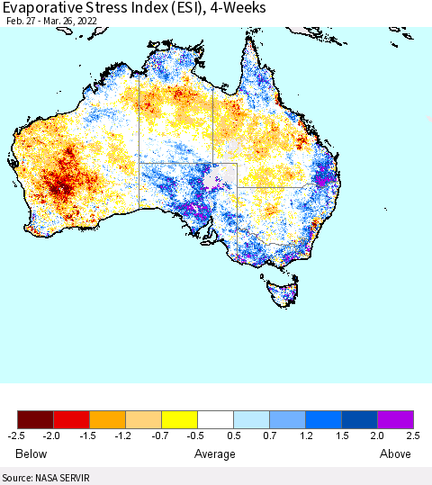 Australia Evaporative Stress Index (ESI), 4-Weeks Thematic Map For 3/21/2022 - 3/27/2022