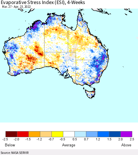 Australia Evaporative Stress Index (ESI), 4-Weeks Thematic Map For 4/18/2022 - 4/24/2022