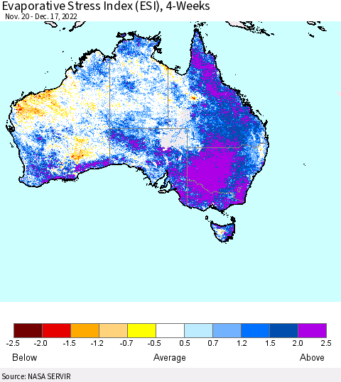 Australia Evaporative Stress Index (ESI), 4-Weeks Thematic Map For 12/12/2022 - 12/18/2022