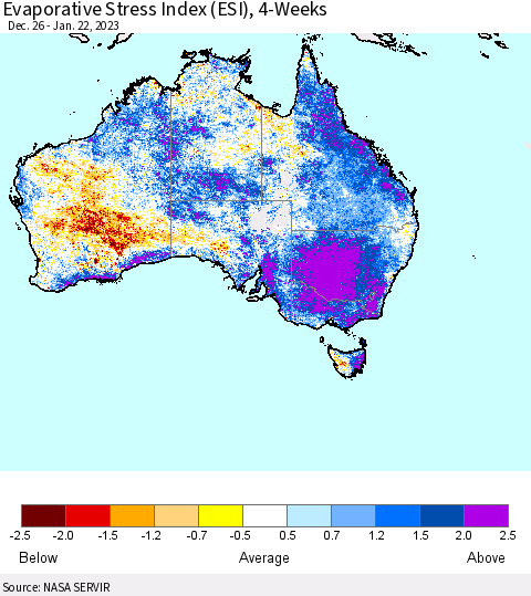 Australia Evaporative Stress Index (ESI), 4-Weeks Thematic Map For 1/16/2023 - 1/22/2023