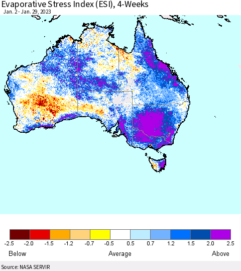 Australia Evaporative Stress Index (ESI), 4-Weeks Thematic Map For 1/23/2023 - 1/29/2023