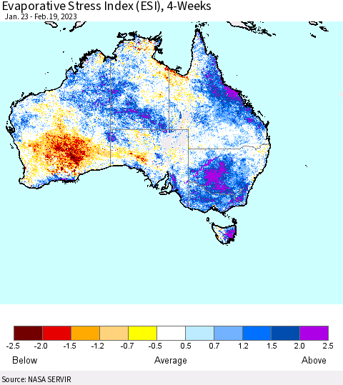 Australia Evaporative Stress Index (ESI), 4-Weeks Thematic Map For 2/13/2023 - 2/19/2023