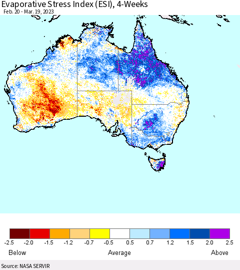 Australia Evaporative Stress Index (ESI), 4-Weeks Thematic Map For 3/13/2023 - 3/19/2023