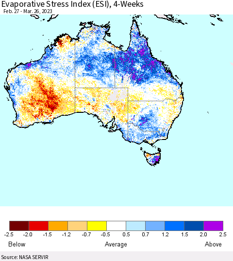 Australia Evaporative Stress Index (ESI), 4-Weeks Thematic Map For 3/20/2023 - 3/26/2023