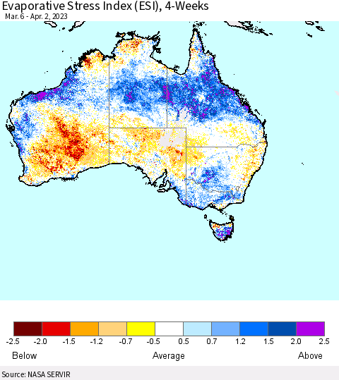 Australia Evaporative Stress Index (ESI), 4-Weeks Thematic Map For 3/27/2023 - 4/2/2023
