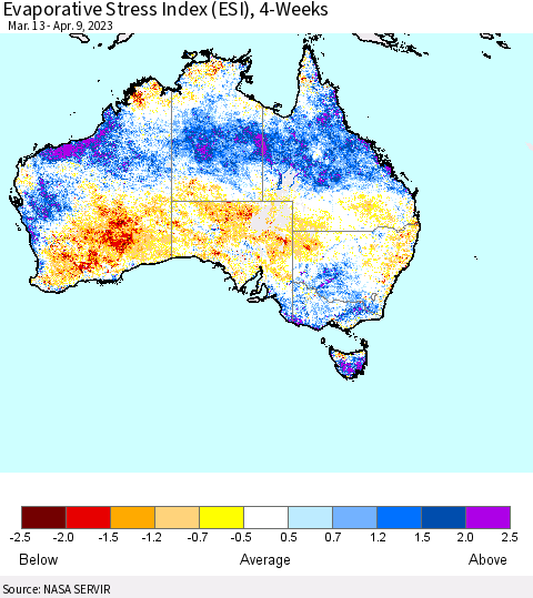 Australia Evaporative Stress Index (ESI), 4-Weeks Thematic Map For 4/3/2023 - 4/9/2023