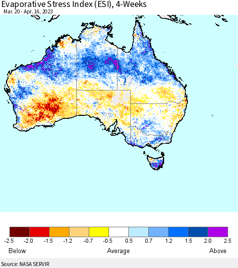 Australia Evaporative Stress Index (ESI), 4-Weeks Thematic Map For 4/10/2023 - 4/16/2023