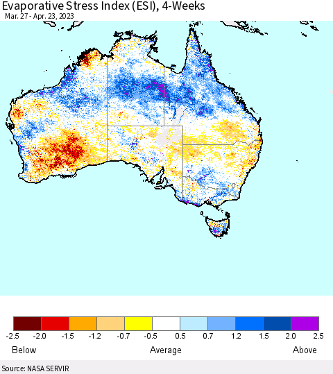 Australia Evaporative Stress Index (ESI), 4-Weeks Thematic Map For 4/17/2023 - 4/23/2023