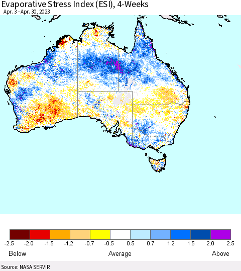 Australia Evaporative Stress Index (ESI), 4-Weeks Thematic Map For 4/24/2023 - 4/30/2023