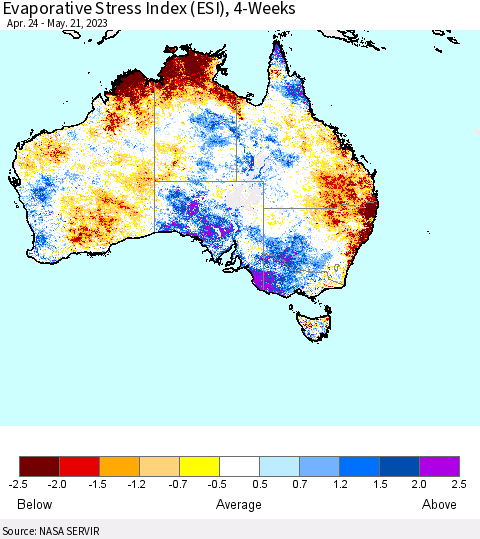 Australia Evaporative Stress Index (ESI), 4-Weeks Thematic Map For 5/15/2023 - 5/21/2023