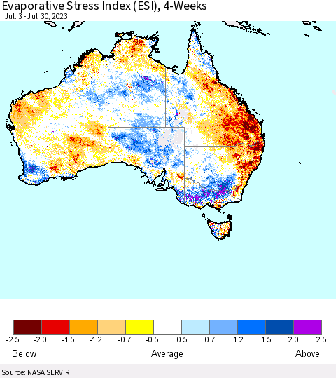 Australia Evaporative Stress Index (ESI), 4-Weeks Thematic Map For 7/24/2023 - 7/30/2023