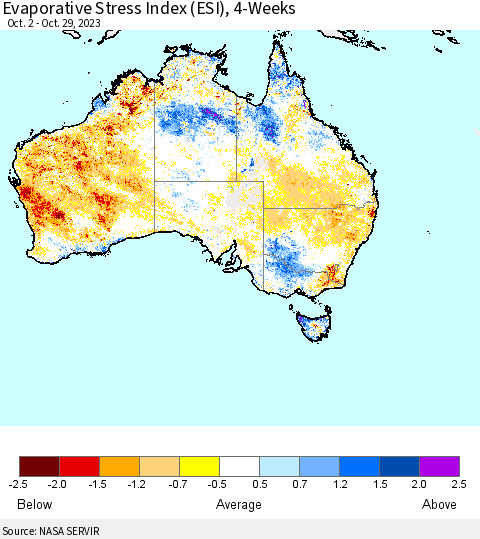 Australia Evaporative Stress Index (ESI), 4-Weeks Thematic Map For 10/23/2023 - 10/29/2023