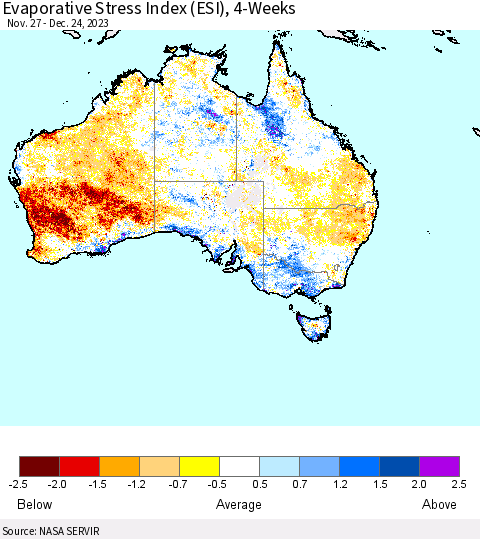 Australia Evaporative Stress Index (ESI), 4-Weeks Thematic Map For 12/18/2023 - 12/24/2023