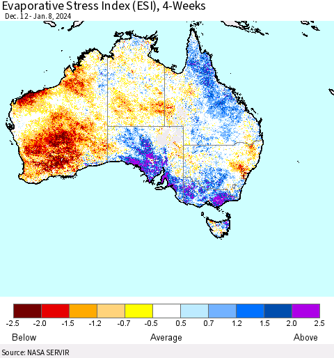 Australia Evaporative Stress Index (ESI), 4-Weeks Thematic Map For 1/8/2024 - 1/14/2024