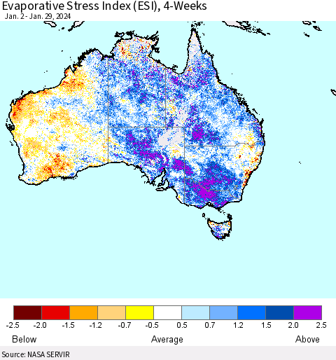 Australia Evaporative Stress Index (ESI), 4-Weeks Thematic Map For 1/29/2024 - 2/4/2024