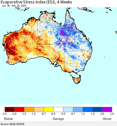 Australia Evaporative Stress Index (ESI), 4-Weeks Thematic Map For 2/26/2024 - 3/3/2024