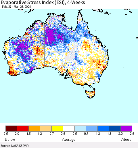 Australia Evaporative Stress Index (ESI), 4-Weeks Thematic Map For 3/25/2024 - 3/31/2024