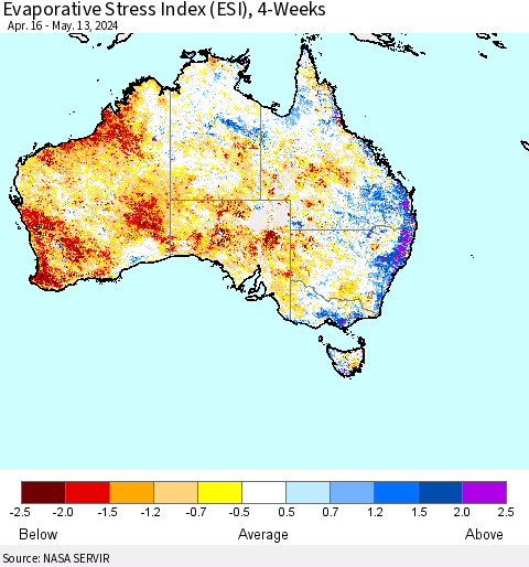 Australia Evaporative Stress Index (ESI), 4-Weeks Thematic Map For 5/13/2024 - 5/19/2024