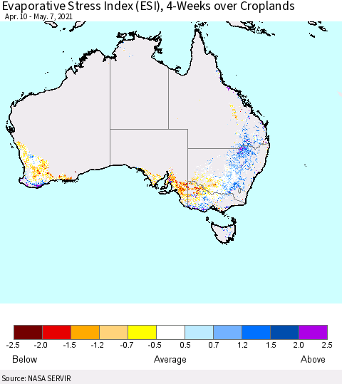 Australia Evaporative Stress Index (ESI), 4-Weeks over Croplands Thematic Map For 5/3/2021 - 5/9/2021
