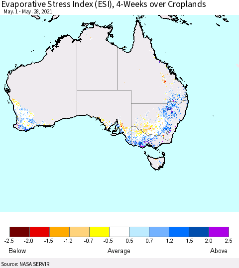 Australia Evaporative Stress Index (ESI), 4-Weeks over Croplands Thematic Map For 5/24/2021 - 5/30/2021